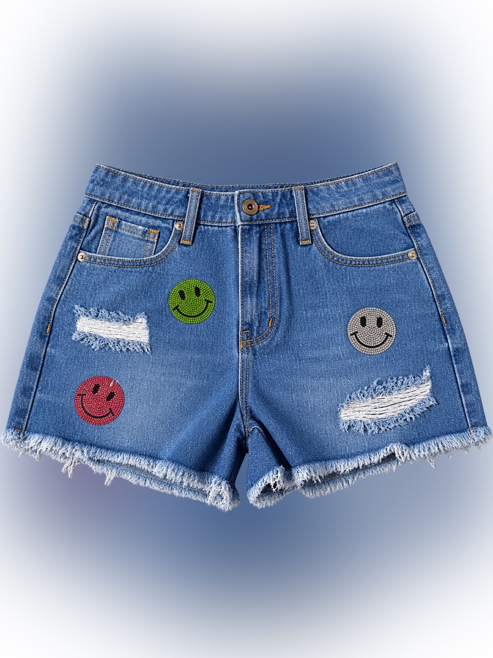 Blue Denim Women's Rhinestone Patch Smiley Shorts